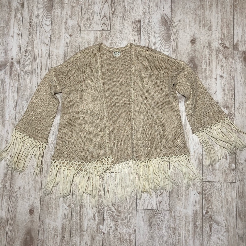 RVCA sequin gold knit fringe jacket cardigan S